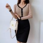 Long-sleeve Contrast Trim Buttoned Knit Mini Dress Khaki - One Size