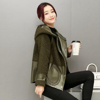 Faux-leather Paneled Hooded Buttoned Jacket