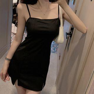 Plain Slit Spaghetti Strap Mini A-line Dress Black - One Size