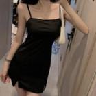 Plain Slit Spaghetti Strap Mini A-line Dress Black - One Size