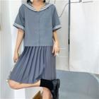 Sailor-collar Short-sleeve Top / Pleated Sleeveless Dress