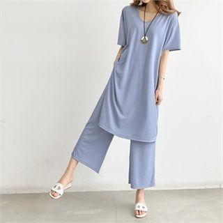 Set: Textured Long T-shirt + Wide-leg Pants