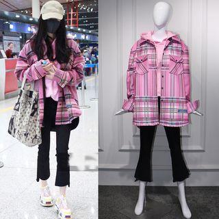 Long-sleeve Hooded Top / Plaid Shirt / Boot-cut Jeans