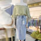 Set: Plaid Off-shoulder Short-sleeve Blouse + Button Detail Denim Skirt
