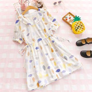 Short-sleeve Leaf Print Collared Dress White - One Size