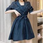 Set: Camisole + Tie-waist Short-sleeve Mini Collared Dress