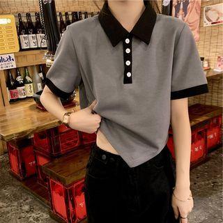 Short-sleeve Two-tone Asymmetrical T-shirt