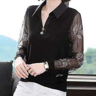 Long-sleeve Open-collar Leaf Print Chiffon Blouse