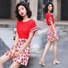 Set: Short-sleeve Glitter Trim T-shirt + Floral A-line Mini Skorts