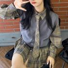 V-neck Sweater Vest / Long-sleeve Plaid Collar Mini Dress / Tie / Set