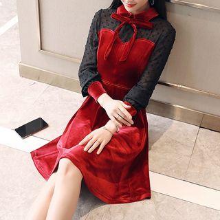Dotted Mesh-sleeve Velvet A-line Dress