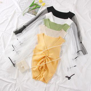 Mesh-sleeved Drawstring Knit Top