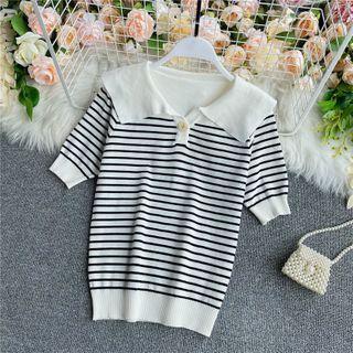Sailor-collar Short-sleeve Striped Knit Top