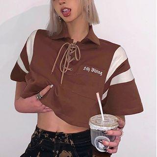 Elbow-sleeve Collar Lace-up T-shirt