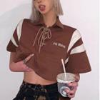 Elbow-sleeve Collar Lace-up T-shirt