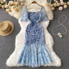 Short-sleeve Square-neck Floral Mesh Fish Tail Maxi Dress
