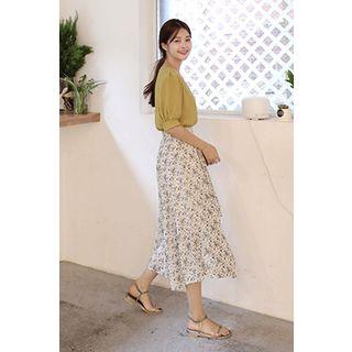 Drape-front Floral Chiffon Long Skirt