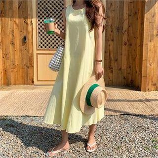 Linen Blend Flared Long Pinafore Dress Yellow - One Size