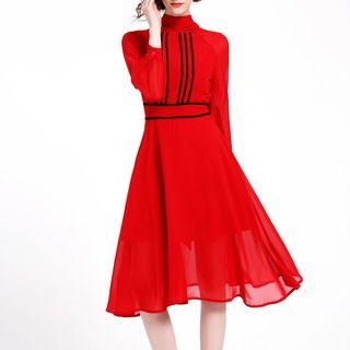 Long-sleeve Tie-neck A-line Chiffon Dress