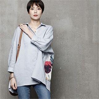 Flower-panel Wrap-back Linen Shirt