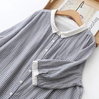 Short-sleeve Plaid Blouse Gingham - Blue & White - One Size