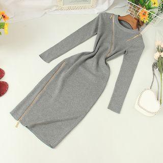 Long-sleeve Zip Accent Midi Knit Dress