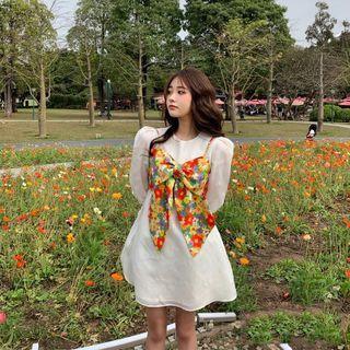Elbow-sleeve Mini A-line Dress / Spaghetti Strap Floral Top / Set