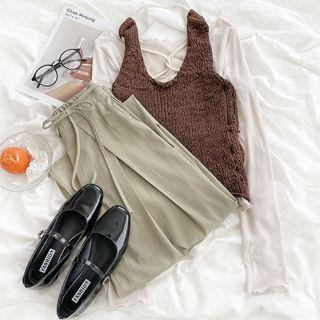 High-waist Plain Wide-leg Pants / Long-sleeve Plain Ruffle Trim Top / Plain Knit Vest