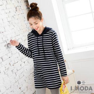 Stripe Drawstring Hooded Long Top