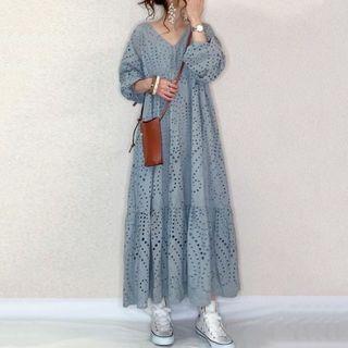 Long-sleeve Perforated Maxi Dress Blue - One Size