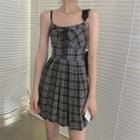 Spaghetti Strap Plaid Mini A-line Dress Plaid - Gray - One Size