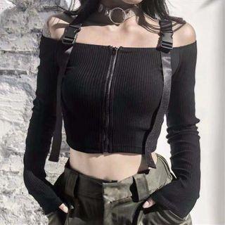 Long-sleeve Cold Shoulder Buckled Crop Top / Cargo Pants / Belt / Set