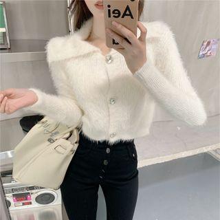 Faux Furry Long-sleeve Plain Knit Cardigan
