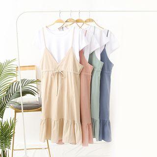 Set: Short Sleeve T-shirt + Strappy Ruffle Hem Mini Dress