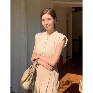 Padded-shoulder Sleeveless Button-detail Blouse