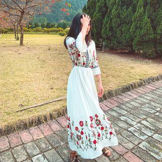 Bell-sleeve Embroidered Maxi A-line Dress
