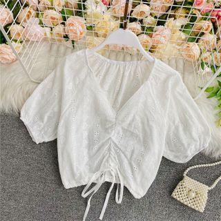 V-neck Short-sleeve Drawstring Eyelet Blouse