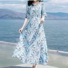 Flower Print Elbow-sleeve Maxi Chiffon Dress