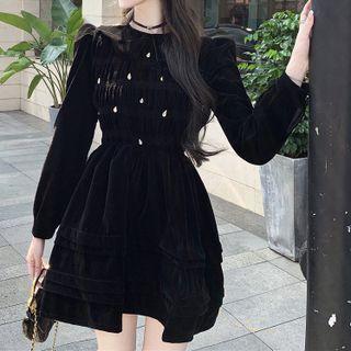 Long-sleeve Rhinestone Ruched Mini A-line Dress