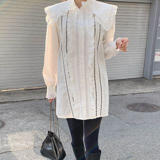 Wide-collar Frill-trim Mini Shirtdress Ivory - One Size