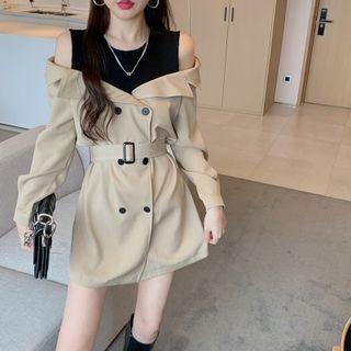 Patchwork Double-breasted Mock Two-piece Mini Dress With Belt