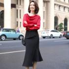 Plain Blouse / Ruffle Hem Midi Pencil Skirt / Set