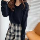 Long-sleeve Plain T-shirt Light Gray - One Size