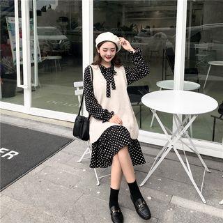 Dot Long-sleeve Loose-fit Dress / Plain Knit Vest