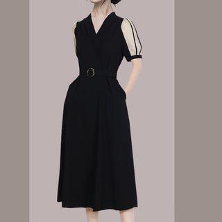 Short-sleeve Belt Waist A-line Midi Dress
