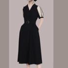 Short-sleeve Belt Waist A-line Midi Dress
