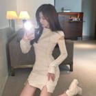 Long-sleeve Contrast Stitching Cutout Mini Sheath Dress