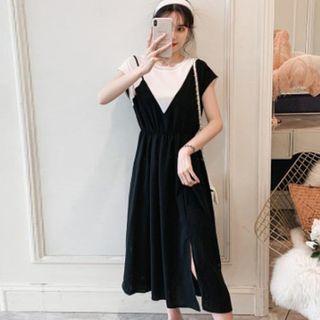 Mock Two-piece Contrast Color Cap-sleeve Midi A-line Dress