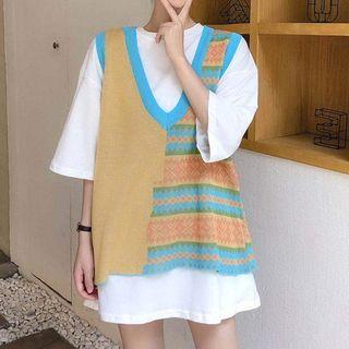 Short-sleeve Plain T-shirt / Sleeveless Pattern Vest