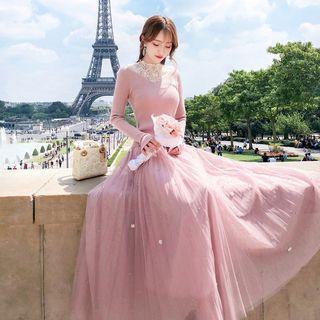 Set: V-neck Rib Knit Top + A-line Maxi Mesh Skirt + Lace Top